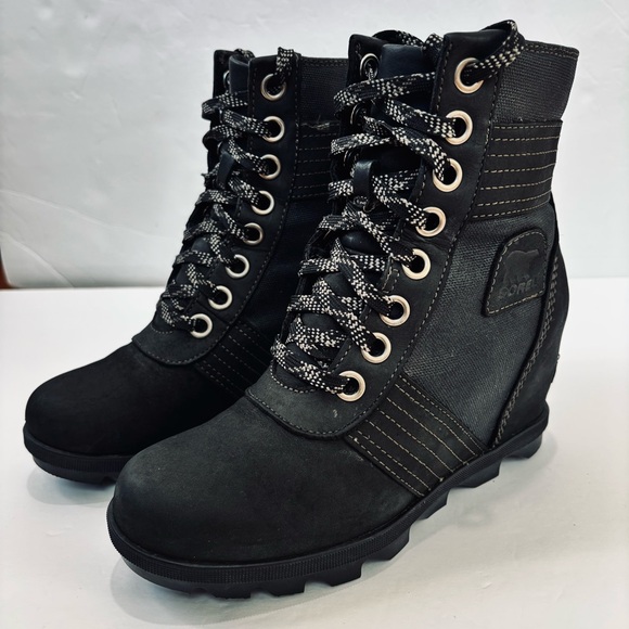 Sorel Lexie Waterproof Black Leather Wedge Heel Lace Up Boots women's 6.5 - Picture 3 of 16